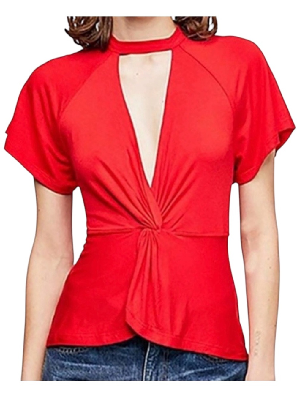 Free People "Just A Twist" Red Choker Neck Front Knot Boho Top Small Like New